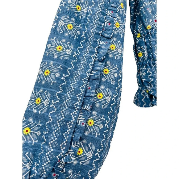 Anthropologie Forever That Girl Blue Floral Smocked Blouse Ruffled Size Small - Picture 4 of 11